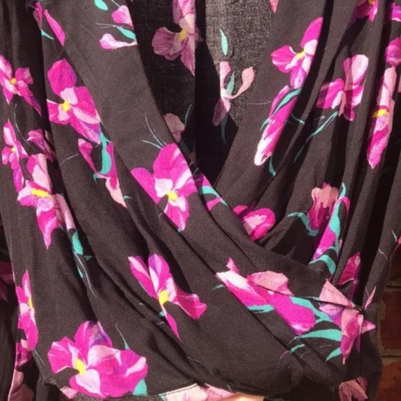 Black and Purple Floral Print Free Press Long Sleeve V-Neck Collared Blouse - Picture 4 of 15